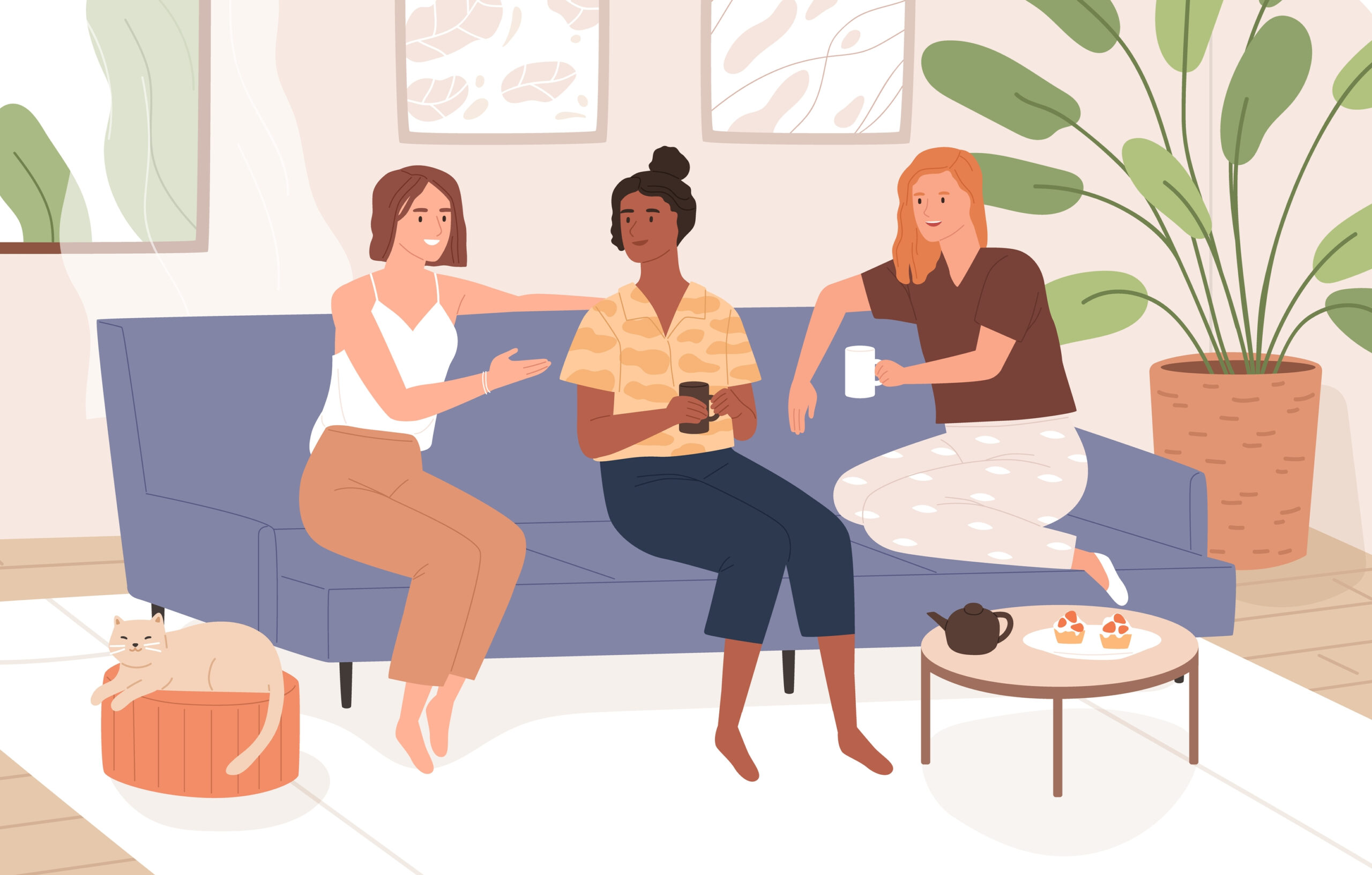 Female,Friends,Sitting,On,Comfy,Sofa,,Talking,And,Drinking,Tea.